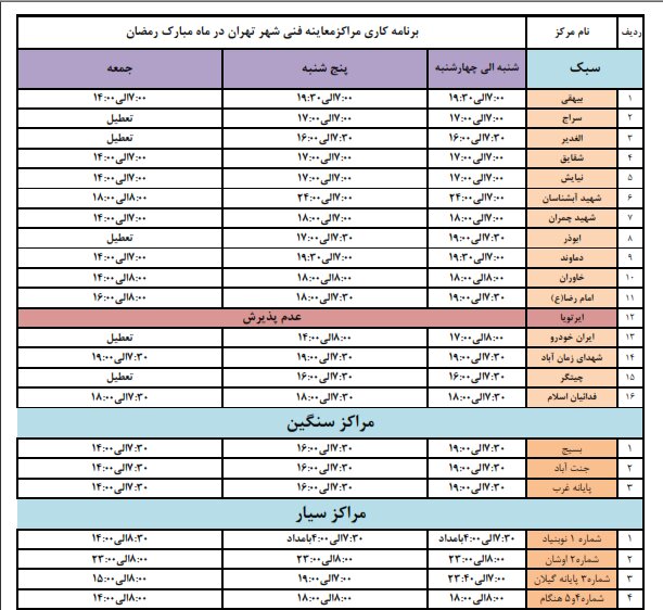 ساعت کاری مراکز معاینه فنی خودرو در ماه رمضان