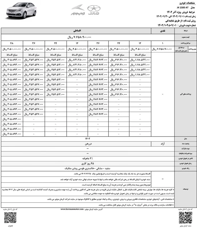 شرایط فروش اقساطی جک j۴ کرمان موتور