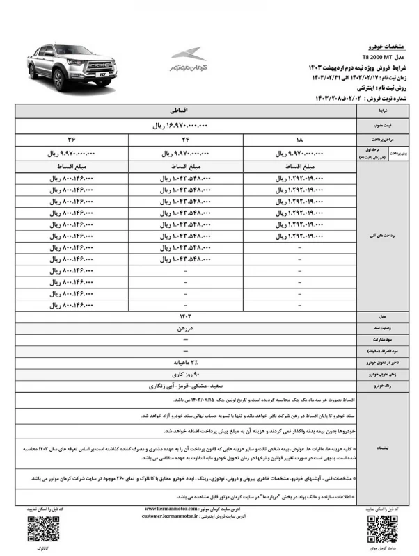 شرایط فروش اقساطی ۲ خودروی کرمان موتور /اردیبهشت ۱۴۰۳
