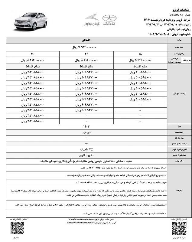 شرایط فروش اقساطی ۲ خودروی کرمان موتور /اردیبهشت ۱۴۰۳