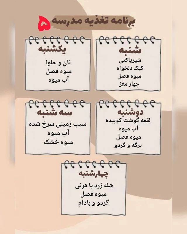 برنامه هفتگی برای خوراکی مدرسه / مقوی و غیرتکراری