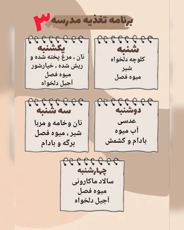 برنامه هفتگی برای خوراکی مدرسه / مقوی و غیرتکراری