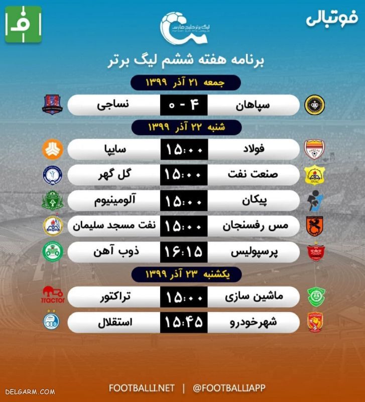 برنامه بازیهای هفته ششم دوره لیگ برتر