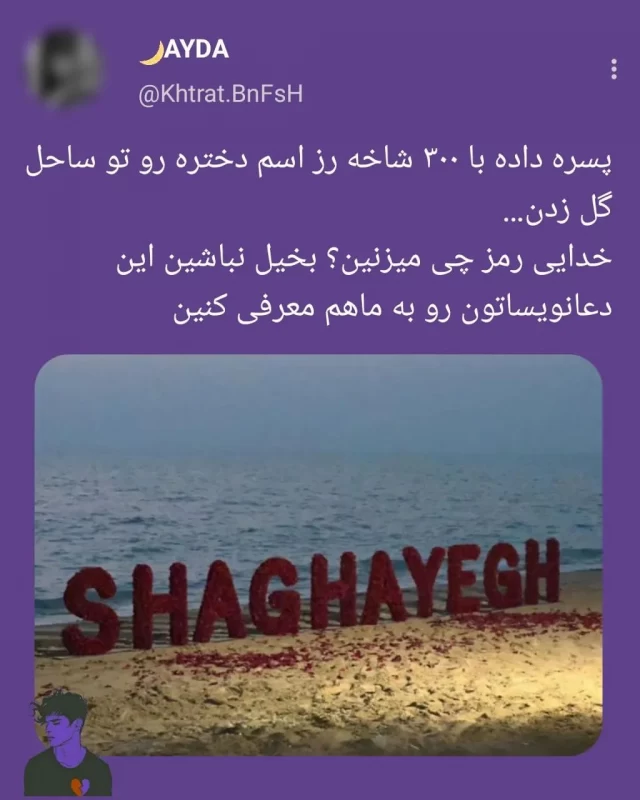 پسره داده با ۳۰۰ شاخه رز اسم دختره رو تو ساحل گل زدن / اصلا هم حسودیم نشد