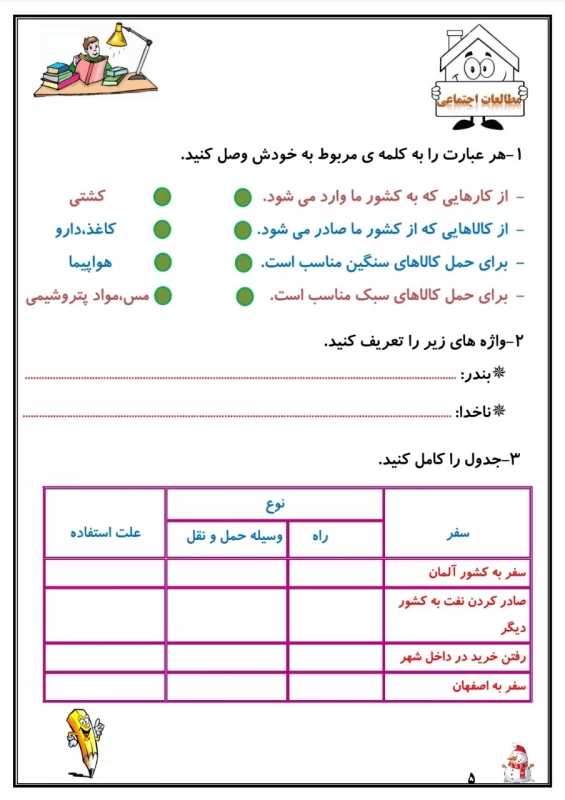 سوالات هفته ۱ دی پایه پنجم دبستان