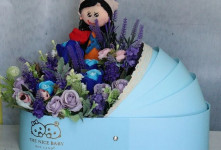 مدل باکس نوزادی پسرانه با م رنگی آبی تزیین شده با بادکنک - گل - هدیه