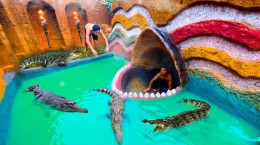 ساخت خانه مخفی در استخر آب پر از تمساح