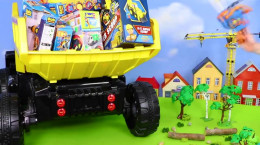 کلیپ ماشین بازی کودکانه - کامیون همراه با بیل مکانیکی و جرثقیل
