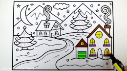 آموزش نقاشی به کودکان | این قسمت نقاشی دو خانه در فصل زمستان