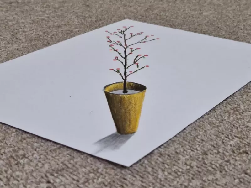 طراحی آسان سه بعدی گل در گلدان روی کاغذ برای مبتدیان