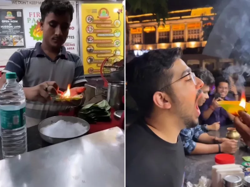 سرو با آتش غذای هندی در دهان مشتری!