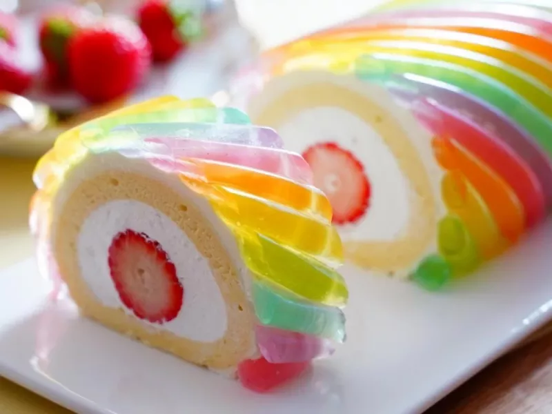 کیک رولی خامه ای ژله ای توت فرنگی رنگین کمانی !