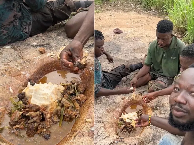 خوردن غذا از یک گودال روی زمین/آیا این مراسم است یا چیست؟!