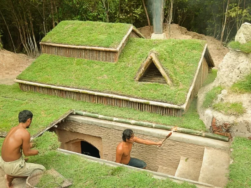 ساخت کلبه زیرزمینی با سقف چمنی و شومینه با خاک رس !